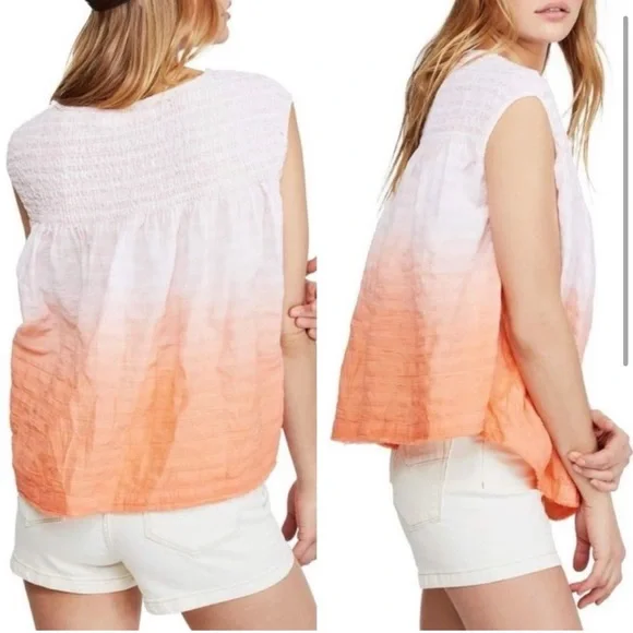 Free People Women's Orange Pink Ombre Smocked Sleeveless Top Size Small - Picture 2 of 8
